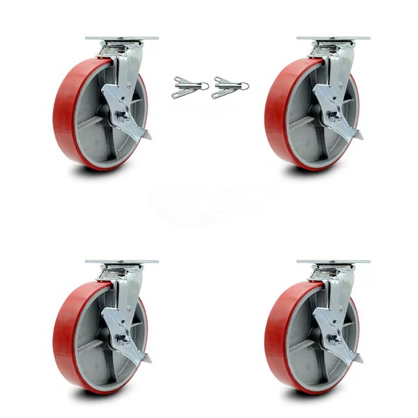 8 Inch Red Poly on Steel Caster Set with Roller Bearings 4 Brake 2 Swivel Lock, Service Caster, Mfr#: SCC-30CS820-PUR-RS-TLB-BSL-2-TLB-2